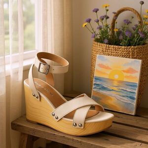 Women Cream Bone Beige Cognac Ankle Strap Classic Wooden Wedge Sandals SZ 10 M